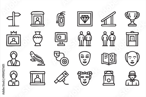 Heritage preservation, ancient objects and surveillance icons for museum security and tourism use