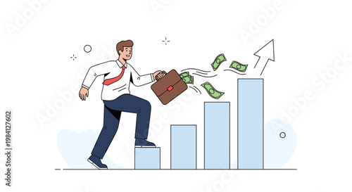 Ambitious businessman climbs a rising bar graph with money flying out of his briefcase representing rapid financial growth and success.