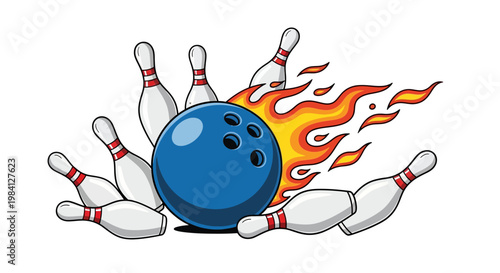 Illustration of a blue bowling ball hitting pins with flames, on a white background