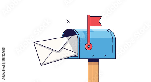 Classic blue mailbox on a wooden post with its red flag up and an envelope inside waiting to be delivered in a clean flat design.