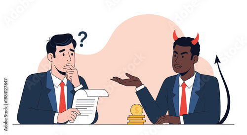 Thoughtful businessman holding a contract while a devil character whispers in his ear representing ethical dilemmas or bad temptations.
