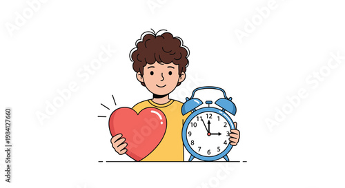 Young curly haired boy holding a large red heart and a blue alarm clock representing love for punctuality and caring for others.