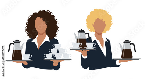 Professional waitresses with different hairstyles carrying trays with multiple cups of coffee and tea for busy restaurant service.