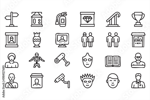 Museum exhibition, artifact collection and monitoring line icons for cultural institutions