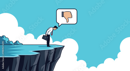 Depressed businessman standing at the edge of a high cliff with a thumbs down icon representing failure, regret, or a professional low point.