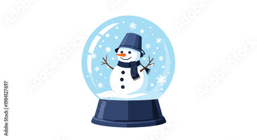 Charming snowman with a blue hat and scarf inside a glass snow globe with falling snowflakes on a clean white background for holidays.