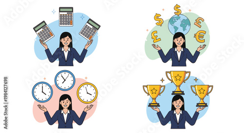 Multi-tasking businesswoman juggling various tasks including finance, time management, global currency, and achieving career trophies.