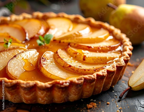 A close-up view of a baked tart with pear slices and a glossy glaze