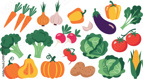 Fresh Organic Vegetable Icon Set Featuring Carrots, Broccoli, Pumpkin, Tomatoes, Potatoes, and Greens for Healthy Food Branding, Cooking Apps, Farmers Market Graphics, and Nutrition Design Projects
