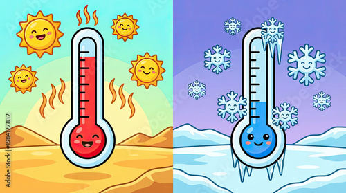 Weather thermometer icons show sunny heat and snowy cold temperatures side by side