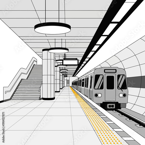 Modern Subway Station with Train Arriving, Minimalist Design, Public Transport
