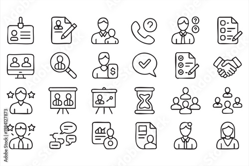 Human resources and recruitment line icons for hiring process and corporate workforce management