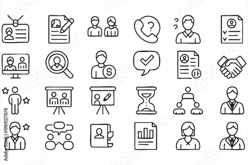 Employee profile, interview and hiring workflow icons for business HR systems