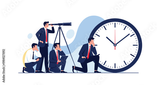 Group of business professionals standing around a giant clock with one man using a telescope to observe future deadlines.