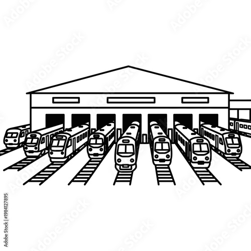 Modern train depot with multiple railcars parked in sheds, railway transportation concept.