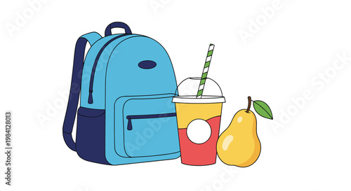 Blue school backpack next to a colorful drink and a fresh yellow pear representing a healthy school lunch or snack.