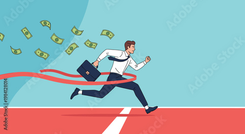 Determined businessman crossing a finish line on a red track with dollar bills flying in the wind behind him for victory.