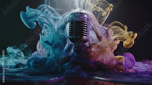Colorful smoke cloud around microphone in dark studio, dramatic audio recording with AI technology for podcast voice and sound production