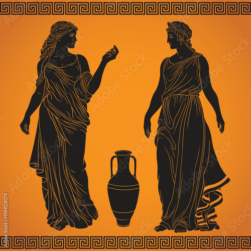 Two ancient Greek goddesses in tunics stand and converse in a jug of water and wine. Imitation of vase painting.