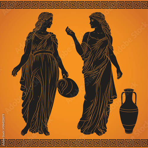 Two ancient Greek goddesses in tunics stand and converse in a jug of water and wine. Imitation of vase painting.
