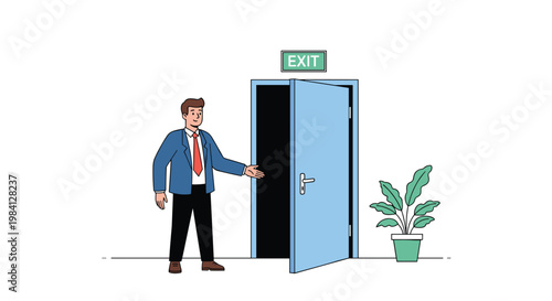 Businessman in a suit opening a door with an exit sign over it to represent leaving a job or finding a new opportunity.