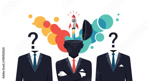 Group of businessmen with question marks for heads with one man launching a rocket from his mind to show innovation.