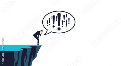 Concerned businessman looking down from a high cliff edge with many exclamation marks in a speech bubble above.