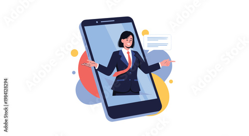 Professional businesswoman appearing through a large smartphone screen to represent digital communication and remote work.