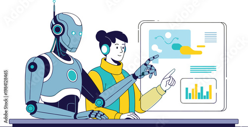 Human and AI robot analyzing data dashboard together representing collaboration in artificial intelligence and advanced digital technology innovation illustration