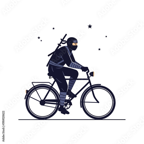 Ninja riding a bicycle, stealthy movement