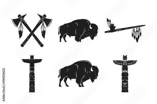 Native american silhouette set bundle with bison and tribal heritage.