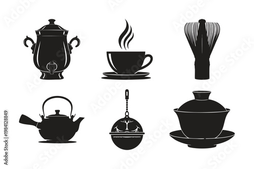 Tea ceremony silhouette set bundle with kettle cups and matcha whisk.