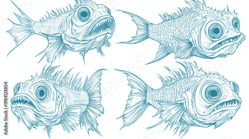 Four stylized illustrations of fish with detailed, intricate linework and a slightly menacing appearance