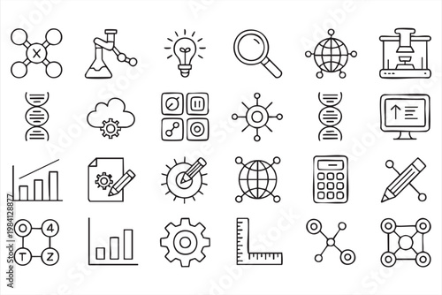 Science research and data analytics line icons for laboratory experiments and scientific analysis