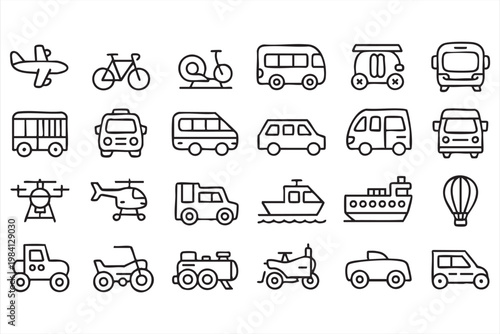 Transportation vehicles, logistics fleet and travel icons for mobility and transit systems