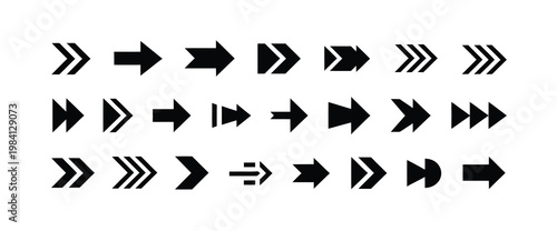 Assortment of various arrow shapes and styles for direction, progress, and digital interface elements
