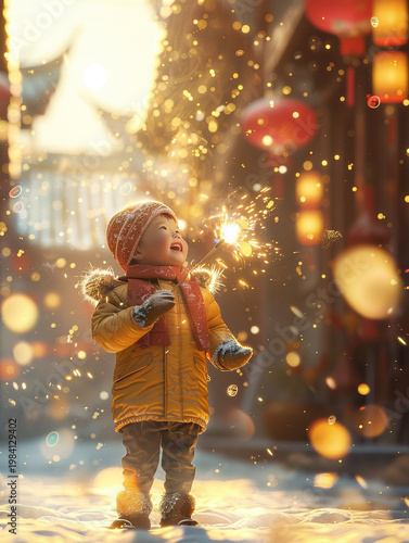 Happy little child playing with sparkler firework in snow during traditional Lunar New Year celebration at night with festive red lanterns background