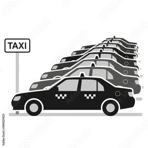 Queue of black taxis lined up, taxi sign