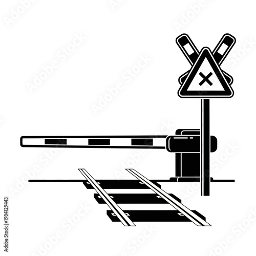 Railroad Crossing Barrier Gate with Warning Sign and Tracks - Vector Illustration