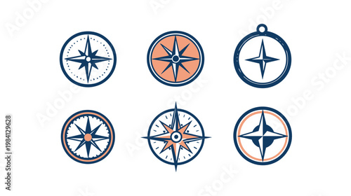 Collection of stylized compass icons in navy and peach on a clean white background