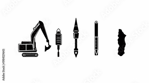 Monochrome image of construction equipment and tools, including an excavator and various drilling implements