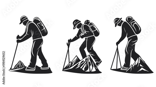 Black and white illustration of a hiker with a backpack, walking on mountains, using trekking poles