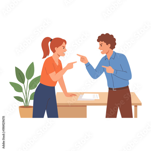 A man and woman argue at a desk with a plant and papers