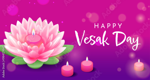 Happy Vesak Day Floral Illustration with Blooming Lotus, Candle Lights, and Purple Gradient Spiritual Background Design