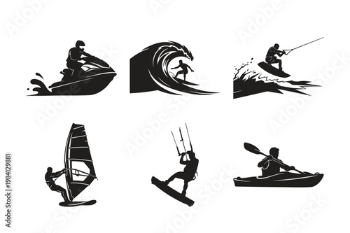 Water sports silhouette set bundle for active lifestyle adventures.