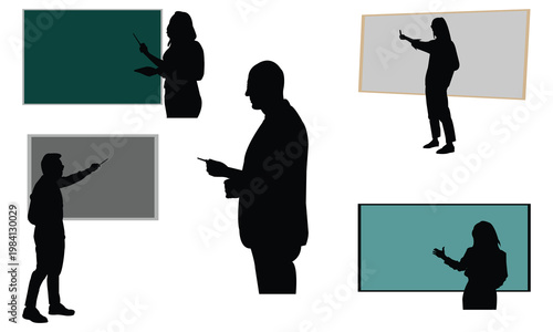 Set of human silhouettes standing near blank blackboards and screens for presentation purposes isolated on white background various teachers explaining educational concepts in class