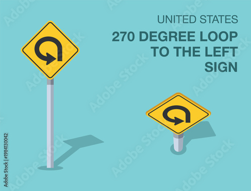 Traffic regulation rules. Isolated United States "270 degree loop to the left" road sign. Front and top view. Flat vector illustration template.