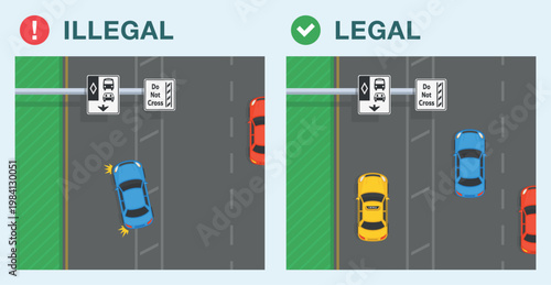 Safe driving tips and traffic regulation rules. Legal and illegal drive into a HOV lane. Do not cross a buffer zone. Top view of a traffic flow on motorway. Flat vector illustration template.