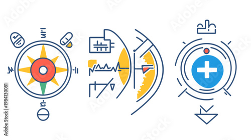 Colorful vector illustrations of compass, wave patterns, and a plus symbol within circular designs