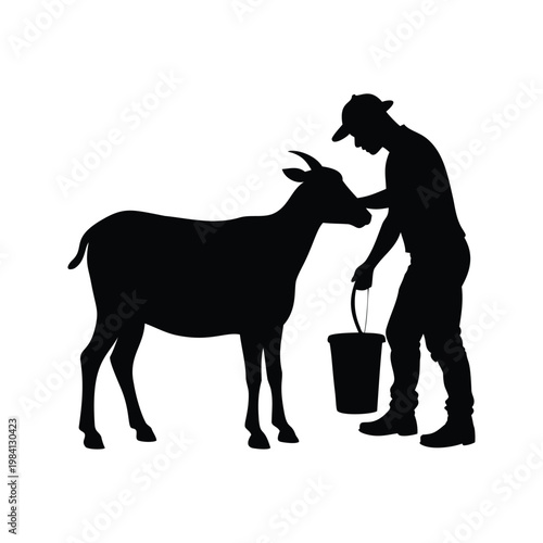 Silhouette of a farmer feeding a goat a bucket, vector illustration design, goat being milked silhouette vector illustration